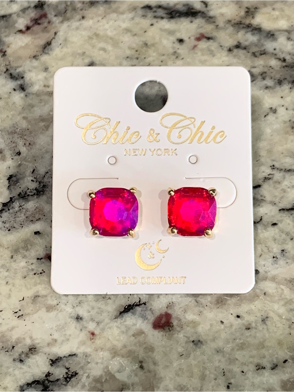 Chic & Chic New York Fuchsia AB Square Crystal Stone Stud Earrings-BNWT